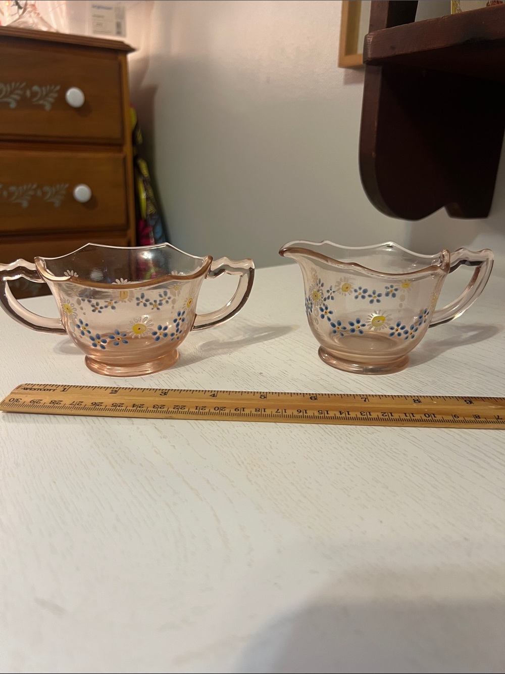 Pink Glass Creamer and Sugar Set with Hand-Painted Floral Accents